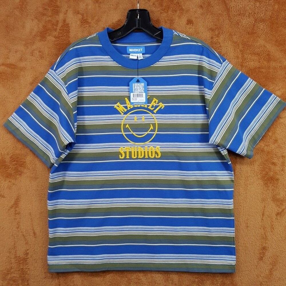 MARKET STUDIO Shirt Mens Medium Blue Stripe Pullover Crew Smiley T-Shirt Tee
